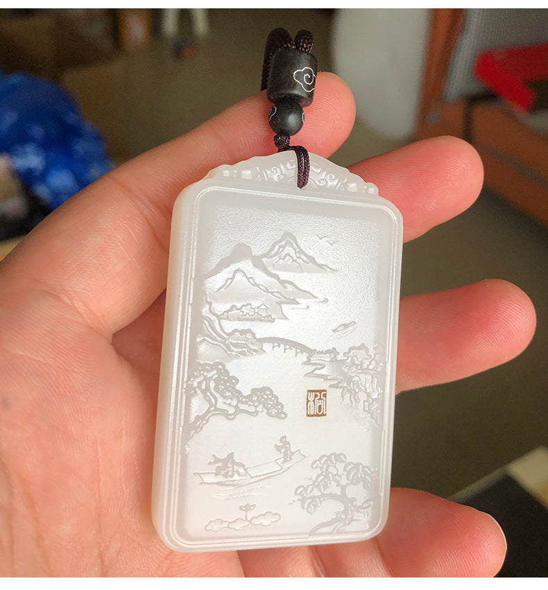 Afghan White Jade Landscape Plaque Exquisite Carving Fine Workmanship Jade Peace Plaque Men's Grand Landscape Plaque Jade Plaque Hanging Ornament Wholesale
