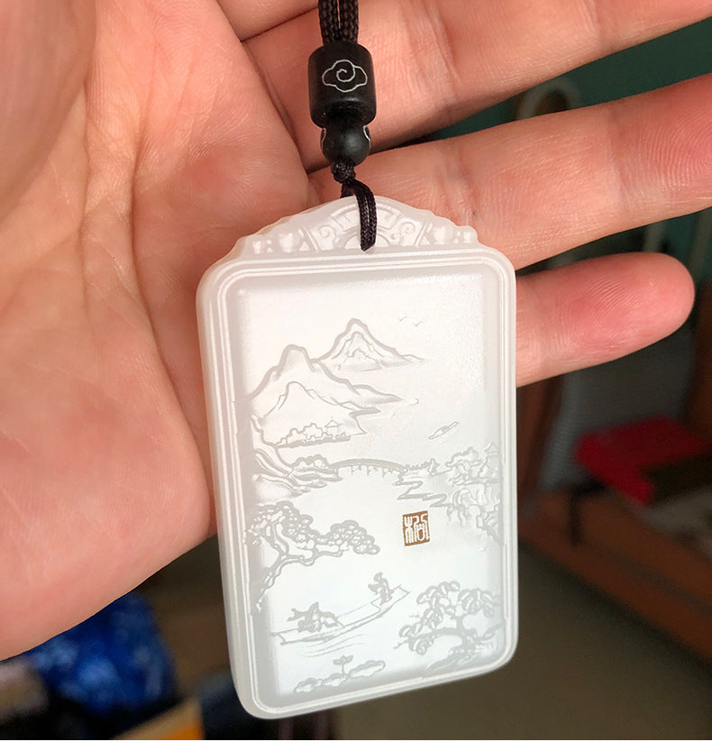 Afghan White Jade Landscape Plaque Exquisite Carving Fine Workmanship Jade Peace Plaque Men's Grand Landscape Plaque Jade Plaque Hanging Ornament Wholesale