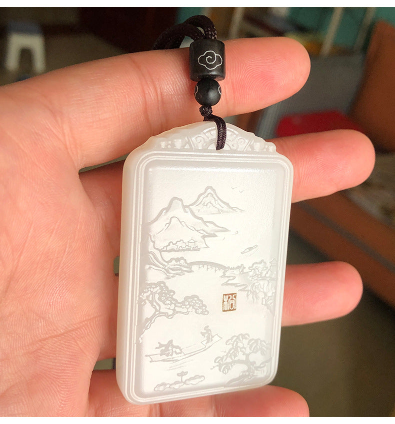 Afghan White Jade Landscape Plaque Exquisite Carving Fine Workmanship Jade Peace Plaque Men's Grand Landscape Plaque Jade Plaque Hanging Ornament Wholesale