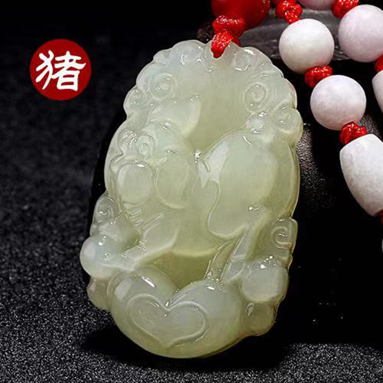 Hetian Jade Zodiac Pendant Jade Amulet Unisex White Jade Heart Zodiac Pendant Fortune