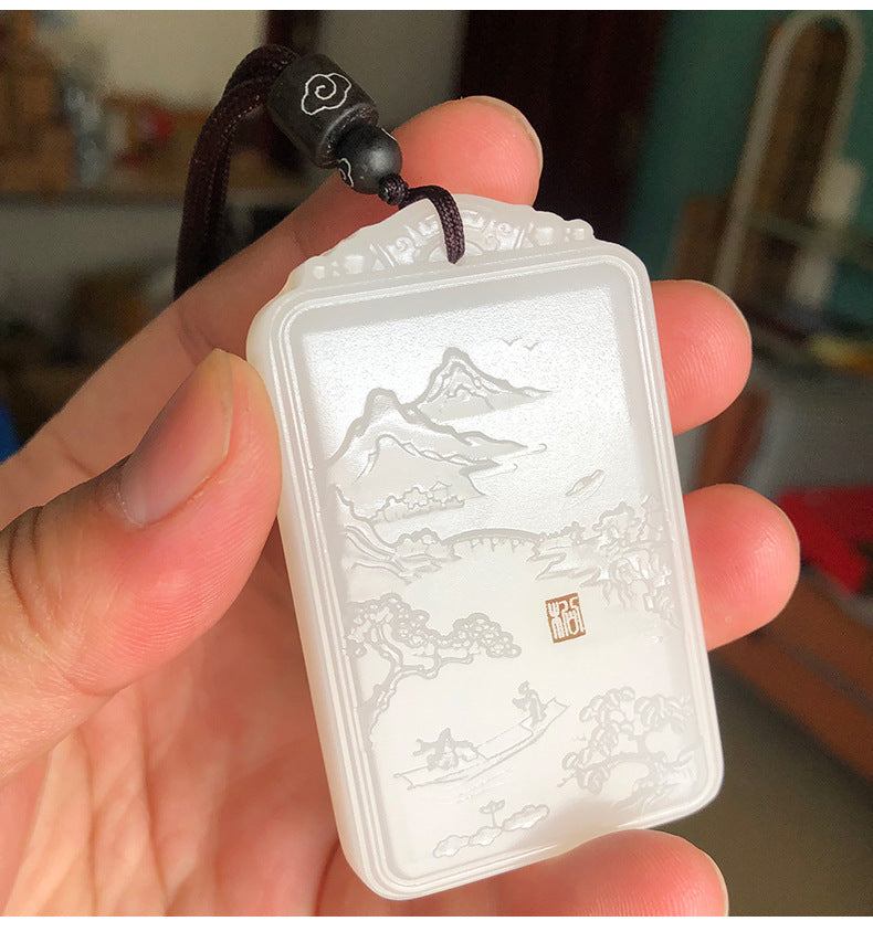 Afghan White Jade Landscape Plaque Exquisite Carving Fine Workmanship Jade Peace Plaque Men's Grand Landscape Plaque Jade Plaque Hanging Ornament Wholesale