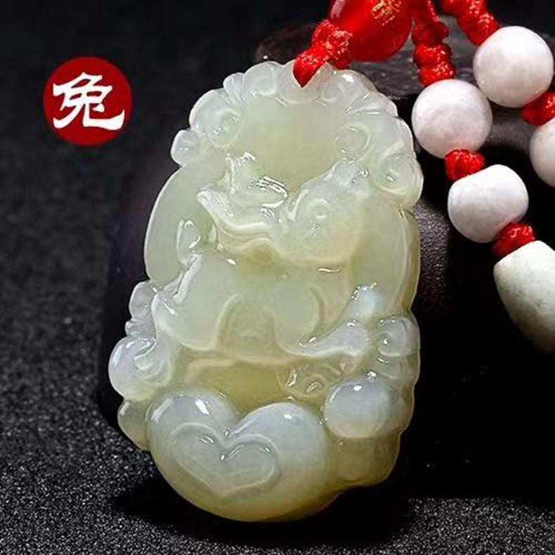 Hetian Jade Zodiac Pendant Jade Amulet Unisex White Jade Heart Zodiac Pendant Fortune