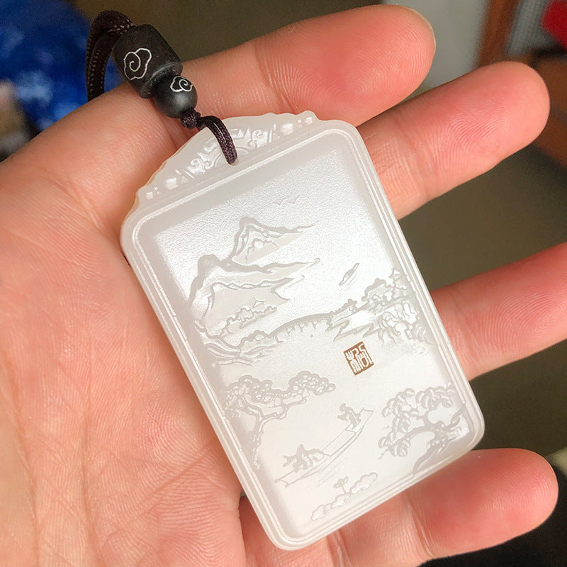 Afghan White Jade Landscape Plaque Exquisite Carving Fine Workmanship Jade Peace Plaque Men's Grand Landscape Plaque Jade Plaque Hanging Ornament Wholesale