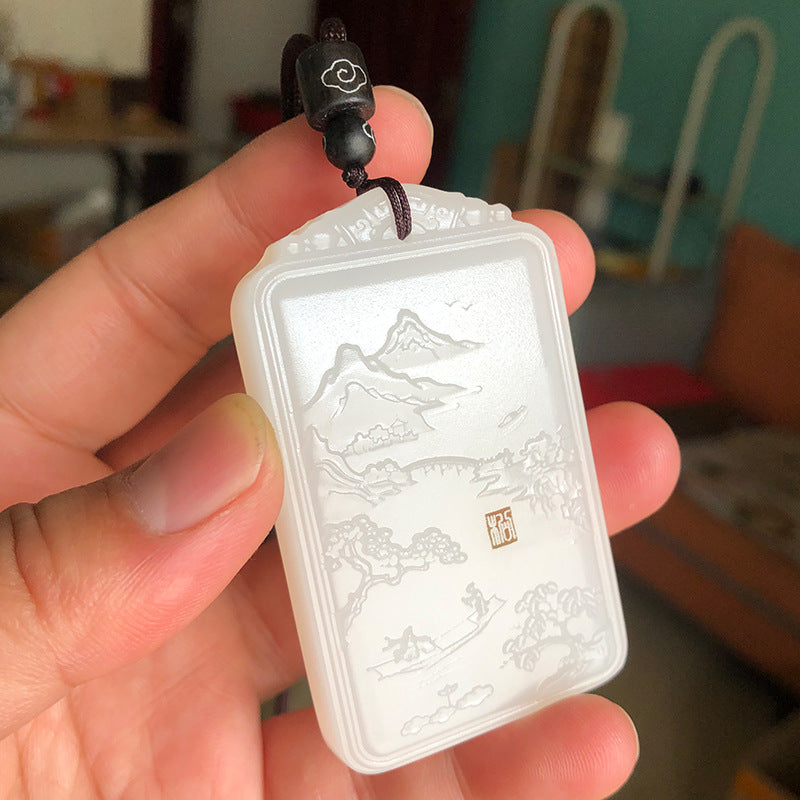 Afghan White Jade Landscape Plaque Exquisite Carving Fine Workmanship Jade Peace Plaque Men's Grand Landscape Plaque Jade Plaque Hanging Ornament Wholesale