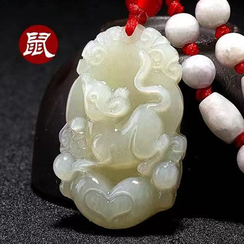 Hetian Jade Zodiac Pendant Jade Amulet Unisex White Jade Heart Zodiac Pendant Fortune