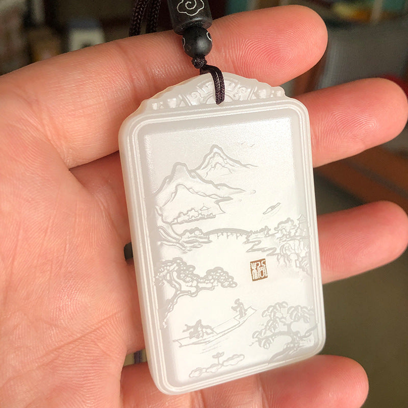 Afghan White Jade Landscape Plaque Exquisite Carving Fine Workmanship Jade Peace Plaque Men's Grand Landscape Plaque Jade Plaque Hanging Ornament Wholesale