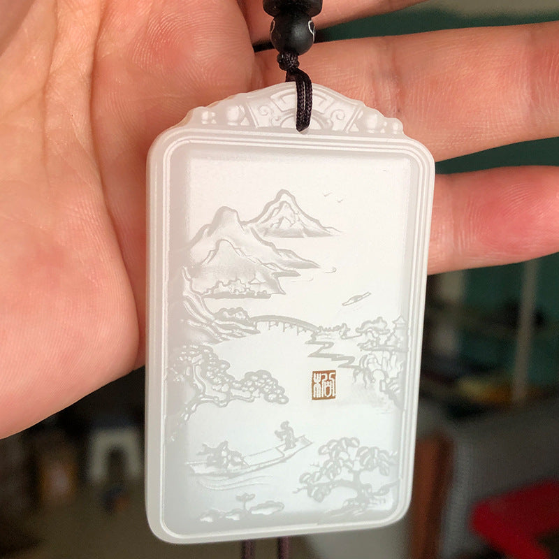Afghan White Jade Landscape Plaque Exquisite Carving Fine Workmanship Jade Peace Plaque Men's Grand Landscape Plaque Jade Plaque Hanging Ornament Wholesale